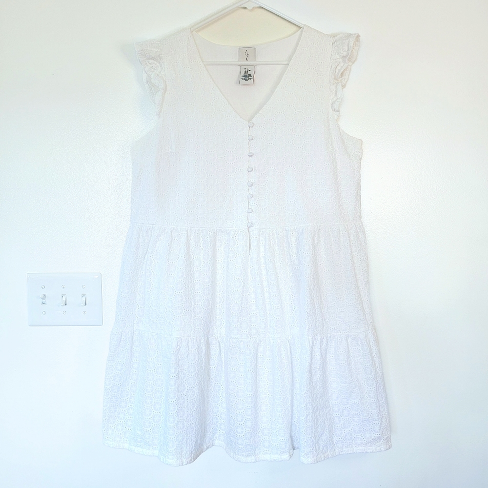 JOIE Dress Eyelet Lace Tiered Ruffle Size XL in White Embroidered button front